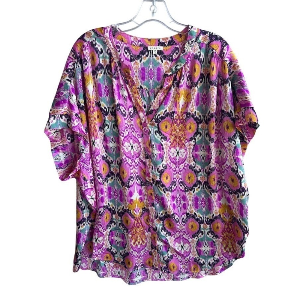 JODIFL Women's 1X Pink Teal Yellow Ikat Print V Neck Kimono Sleeve‎ Tunic Top